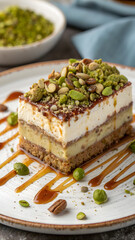 Layered Gourmet Dessert with Nuts and Caramel Drizzle &ndash; Cheesecake or Mousse Cake on Artistic Plate