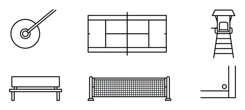 Tennis court design elements in line art, featuring racket, court, umpire chair, bench, net, and tennis ball.