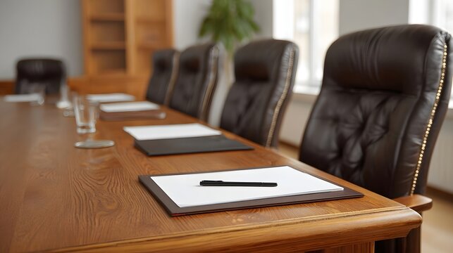A formal conference room with a polished wooden table executive leather chairs and documents prepared for a meeting