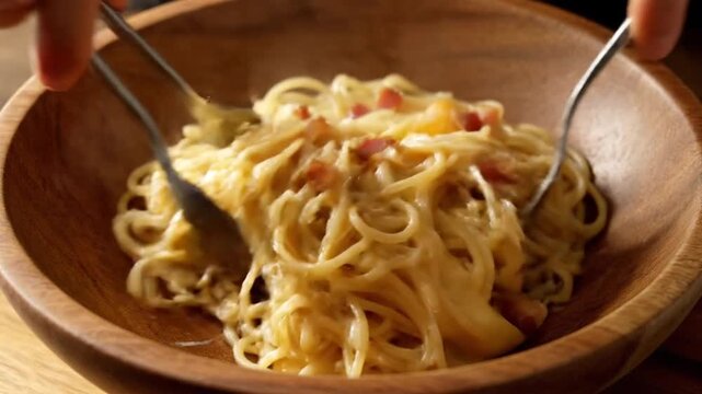 Classic Spaghetti Carbonara Served in Wooden Bowl with Golden Yolk and Crispy Bacon Overhead Angle Food Still Life