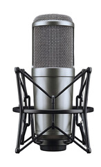 A professional studio condenser microphone in a black shock mount on a white background