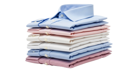 Stack of neatly folded colorful dress shirts isolated on transparent background