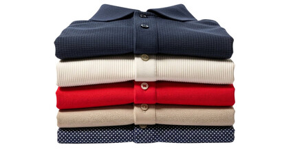 Stack of colorful polo shirts in various fabrics and patterns isolated on transparent background