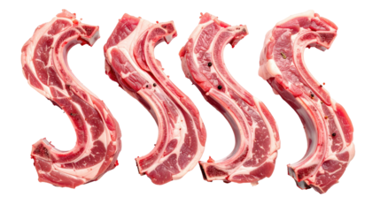 Four raw lamb chops, S-shaped, against black