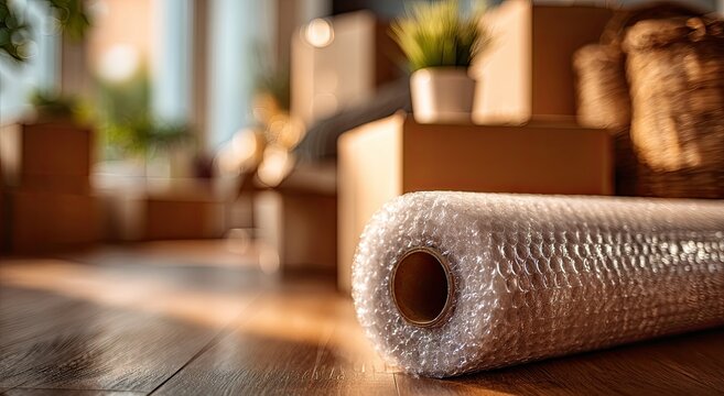 Close-up of bubble wrap roll with boxes and greenery in the background, implying moving