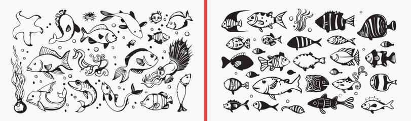 Fototapeta premium fish illustration vector, marine life doodle art, sea animal sketch icons, ocean fish illustration set, aquatic life vector pack, fish clipart collection, underwater graphic elements, marine doodle ve