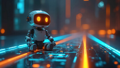 Small robot sits on futuristic digital pathway. Glowing neon lights illuminate circuit board path. Machine awaits next command in high tech urban environment. Future innovation concept.