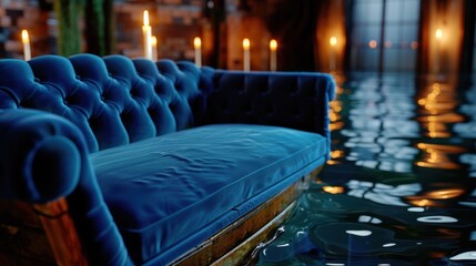 Elegant blue tufted couch in a flooded room with soft candlelight reflections on water surface