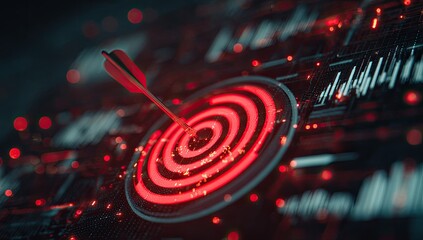 Glowing bullseye hit by a red arrow, data visualization background, blurred effects