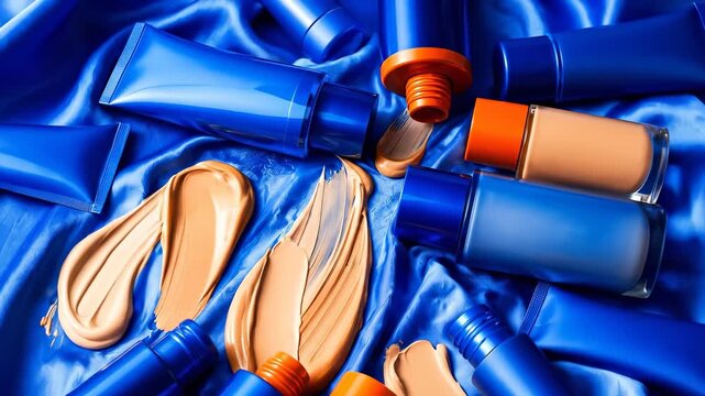 Top-down macro shot of luxurious blue and orange cosmetic products and creamy foundation swatches on textured royal blue satin fabric