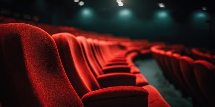 A close-up view reveals rows of empty, plush red cinema seats, lit by dim overhead lights