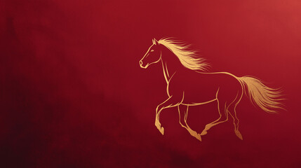 Golden Horse Silhouette on Crimson Canvas: A solitary, radiant golden horse gallops dynamically against a deep crimson backdrop, embodying the spirit of freedom and grace.