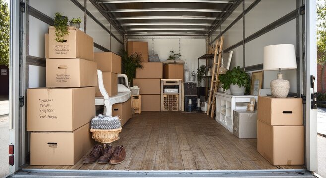 Interior of a moving truck packed with various boxes and furniture, ready for transport