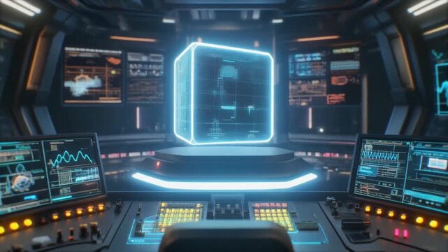 Futuristic Command Center: Holographic Cube Display Surrounded by Control Panels
