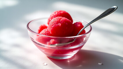 A refreshing and vibrant watermelon sorbet served in a clear glass bowl with a spoon, perfect for a summer dessert or a sweet treat company logo