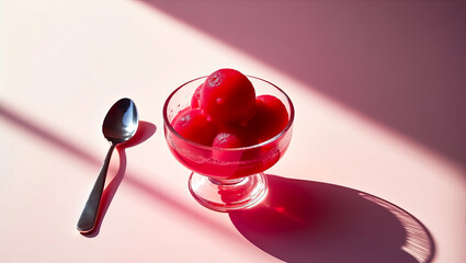 company logo, a refreshing scoop of vibrant red fruit sorbet in a glass bowl with a spoon casting a shadow, perfect for summer branding