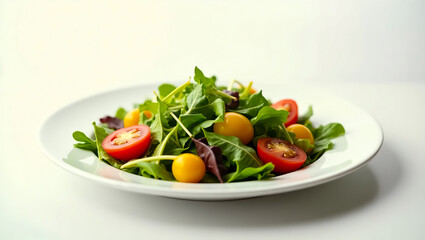 A delightful fresh salad featuring vibrant cherry tomatoes and crisp greens, perfect for a healthy meal or a restaurant logo, showcasing nature's bounty in a simple yet elegant presentation