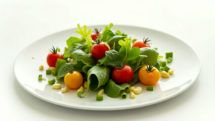 A vibrant and refreshing garden salad with cherry tomatoes, greens, and pine nuts, perfect for a healthy and delicious meal company logo