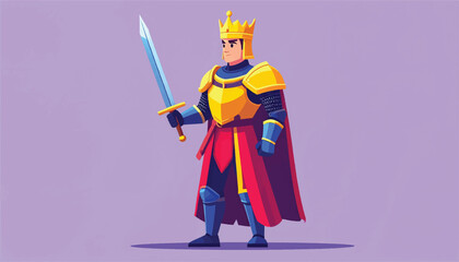 Cartoon King in Armor Holding Sword Ready for Battle.