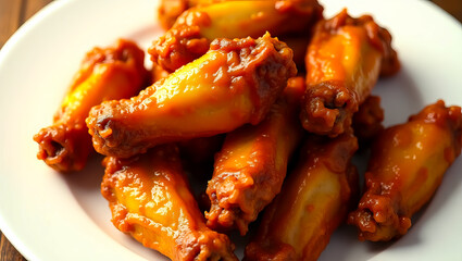 Vibrant, saucy chicken wings, captured with cinematic detail, perfect for a food company's marketing or as inspiration for an appealing brand logo design