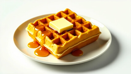 A delicious golden-brown waffle topped with a pat of melting butter and a drizzle of caramel syrup served on a white plate, perfect for a breakfast company logo