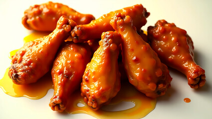 A highly detailed, vibrant cinematic photograph of delicious, glazed, and spicy chicken pieces, an appetizing visual perfect for a food company logo or restaurant brand