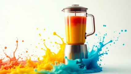 Vibrant liquid splashes around a blender, a hyperrealistic, dreamlike scene. Ideal company logo concept, symbolizing innovation and dynamic brand identity