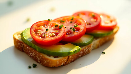 A company logo design for a hyperrealistic, high-contrast, dreamlike photograph of a healthy avocado and tomato toast, perfect for branding and marketing