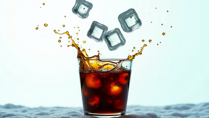 A mesmerizing and dreamlike cinematic photo of ice cubes dramatically splashing into a refreshing beverage glass, ideal for a company logo or promotional design
