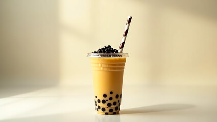 A mesmerizing, dreamlike bubble tea, vibrant with tapioca pearls and straw, perfect for a company logo or captivating beverage brand identity