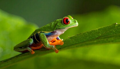 Vibrant Red-Eyed Tree Frog Perched on a Lush Green Leaf in Tropical Rainforest.