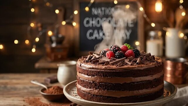 A decadent, multi-layered chocolate cake takes center stage, generously frosted with rich chocolate ganache and adorned with a vibrant medley of fresh raspberries, ripe blackberries, and delicate choc