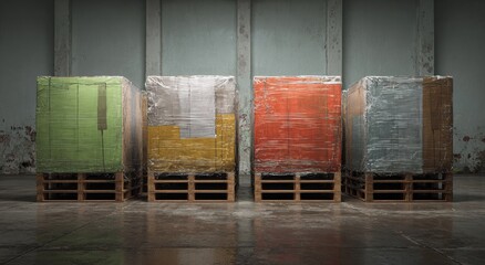 Four wrapped shipping containers on wooden pallets in a warehouse
