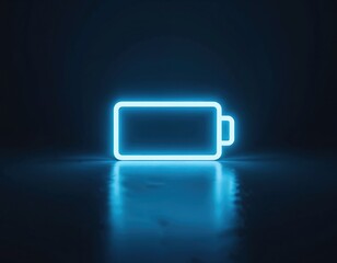 Neon blue battery icon glows on dark surface. Minimalist symbol represents electric power energy. Modern abstract design conveys technology charge.