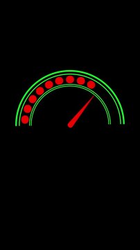 Animated performance gauge meter vertical video red needle green scale digital technology seamless loop. Red needle gauge animation vertical video green scale progress loading bar.