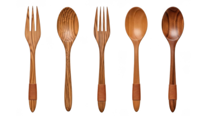 Wooden cutlery set isolated on transparent background