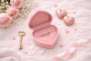 Elegant gold engagement ring with a brilliant diamond in a pink heart-shaped velvet box, placed on soft silk fabric surrounded by pink roses, baby's breath flowers, a vintage golden key, and decorativ