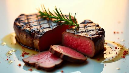 Mesmerizing, high-contrast grilled steak, vibrant culinary perfection, ideal visual for a company logo seeking cinematic, impactful brand identity, with a subtle surreal gourmet appeal