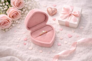 Gold engagement ring with a diamond in a pink heart-shaped velvet box, surrounded by pink roses, a gift box with a ribbon, and small decorative hearts on a soft fabric background. Romantic concept for