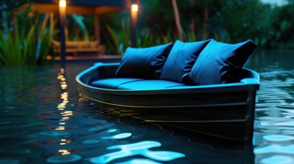 Obraz premium Serene Evening Scene with Boat on Tranquil Water Surrounded by Lush Greenery and Soft Ambient Lighting