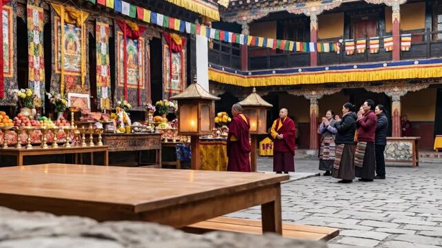 A serene and culturally rich scene unfolds within the vibrant courtyard of a traditional spiritual complex, adorned with ornate architectural details and colorful prayer flags gently swaying. Individu