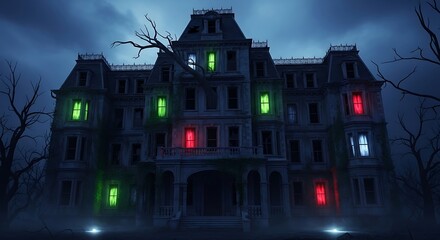 Haunted mansion at night spooky building with glowing windows mysterious atmosphere