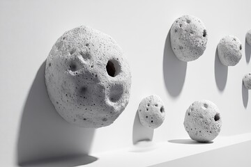 White spheres with holes mounted on wall create lunar appearance