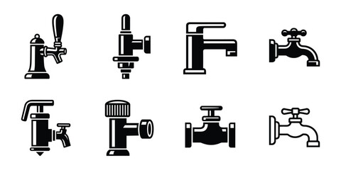 Fototapeta premium Vector collection featuring black water faucets and valves. Plumbing fixtures and equipment for your projects.