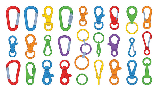 Vector collection of different carabiners clip, vibrant colors and styles. Use for keychains and climbing concepts.