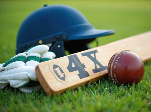 Cricket equipment bat ball helmet and gloves lie on green grass field. Ready for game play on sunny day. Sports gear for batsman ready to hit. - Powered by Adobe
