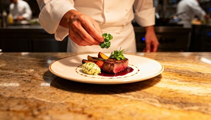 Chef Garnishing Gourmet Steak Dish with Fresh Parsley in Fine Dining Restaurant Kitchen