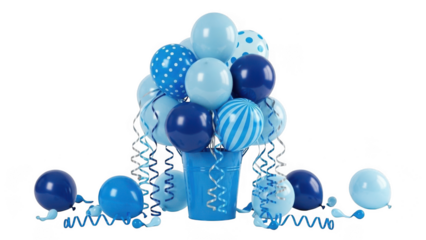 Blue balloons in bucket isolated on transparent background