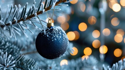 Elegant black Christmas ornament hanging on a frosty pine branch with blurred festive lights in the background