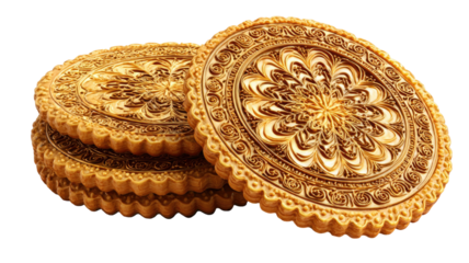 Golden ornate round biscuits stacked detailed embossed pattern sweet bakery snack luxury cookie texture isolated on white background